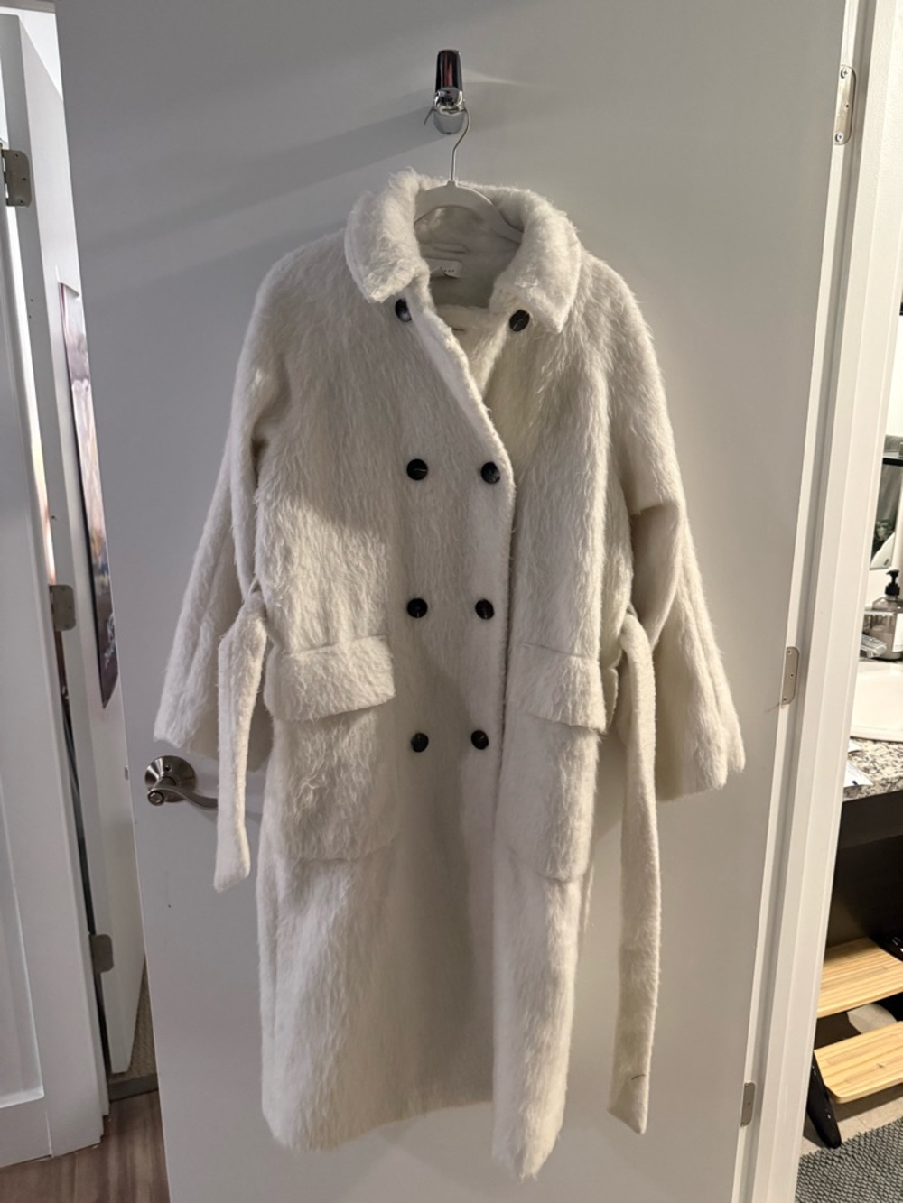 Topshop Cream Double-Breasted Faux-Fur Trench Coat with Belt